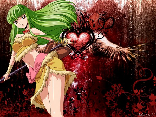 Anime picture 1024x768 with code geass sunrise (studio) c.c. single long hair looking at viewer fringe bare shoulders holding yellow eyes green hair girl navel heart microphone microphone stand
