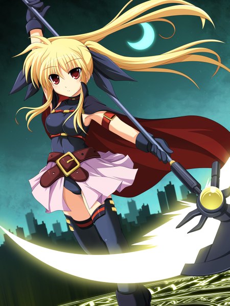 Anime picture 1125x1500 with mahou shoujo lyrical nanoha fate testarossa cross (crossryou) single long hair tall image blonde hair red eyes twintails girl gloves moon cloak scythe