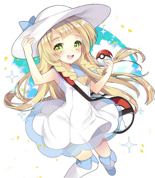 Anime picture 1000x1146 with pokemon pokemon sm nintendo lillie (pokemon) pingo single long hair tall image looking at viewer blush fringe open mouth blonde hair white background green eyes braid (braids) :d sparkle twin braids adjusting hat
