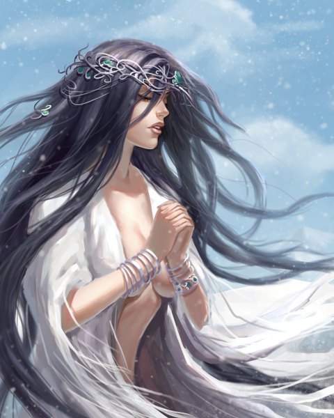 Anime picture 2000x2500 with dark souls (series) dark souls dark souls 2 from software lethia single tall image highres breasts open mouth light erotic black hair large breasts sky cloud (clouds) eyes closed very long hair wide sleeves snowing crossed arms