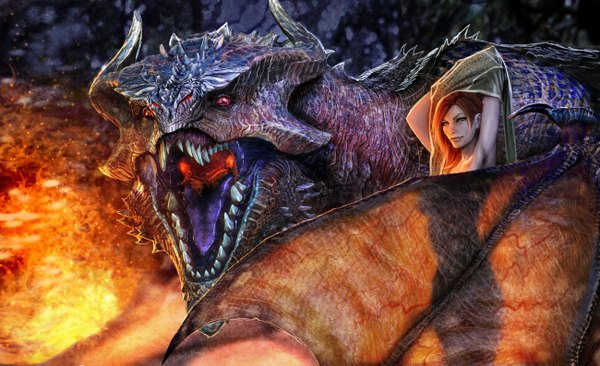 Anime picture 1300x793 with nebezial long hair open mouth smile wide image pink eyes horn (horns) lips orange hair realistic teeth armpit (armpits) grey eyes sharp teeth girl animal fire dragon