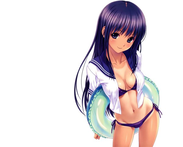 Anime picture 1600x1280 with original koutaro single long hair simple background smile white background purple eyes purple hair girl navel swimsuit bikini swim ring