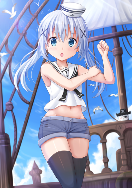 Anime picture 945x1337 with gochuumon wa usagi desu ka? white fox kafuu chino tippy (gochiusa) kazenokaze long hair tall image looking at viewer blush fringe open mouth blue eyes standing bare shoulders blue hair sky cloud (clouds) sunlight bare belly flying