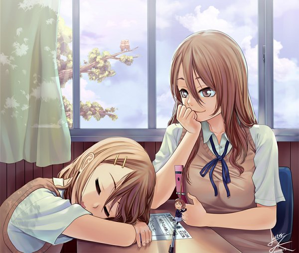 Anime picture 1134x962 with k-on! kyoto animation hirasawa yui tachibana himeko lasterk long hair short hair brown hair multiple girls brown eyes eyes closed sleeping chin rest girl hair ornament 2 girls serafuku window bobby pin table