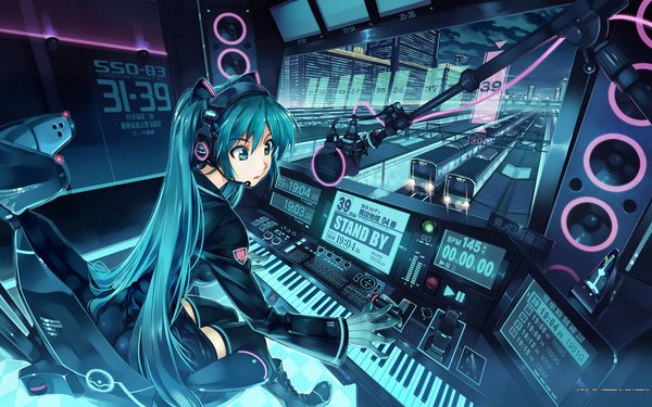 Anime picture 1920x1200 with vocaloid hatsune miku vania600 single long hair highres blue eyes wide image sitting animal ears blue hair green hair cat ears city dj girl skirt gloves boots headphones