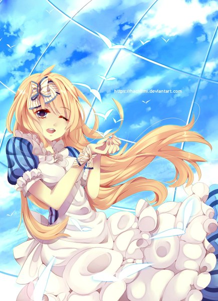 Anime picture 1160x1600 with original hachiimi long hair tall image fringe open mouth blonde hair sky cloud (clouds) one eye closed wink happy flying girl dress hair ornament animal bird (birds)