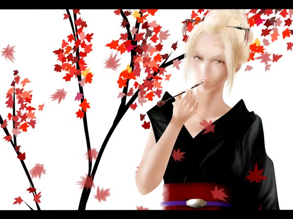 Anime picture 1600x1200 with gintama sunrise (studio) tsukuyo (gintama) poker-face-008 single looking at viewer simple background white background brown eyes white hair japanese clothes letterboxed scar smoking girl hair ornament plant (plants) tree (trees) kimono leaf (leaves)