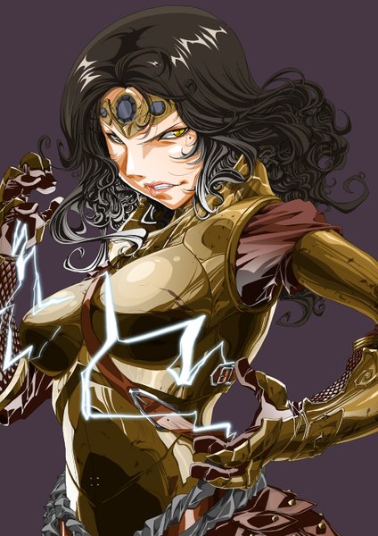 Anime picture 1000x1414 with the elder scrolls the elder scrolls v: skyrim rantia (artist) single long hair tall image black hair simple background yellow eyes mole mole under eye black background lightning girl armor