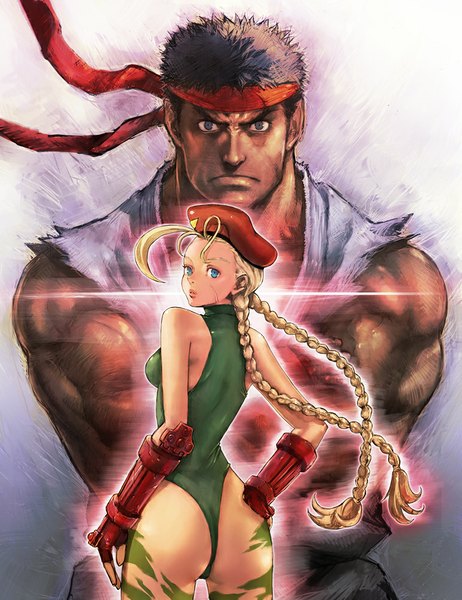 Anime picture 771x1000 with street fighter capcom cammy white ryu (street fighter) boyaking(sbf) long hair tall image looking at viewer short hair blue eyes light erotic black hair blonde hair bare shoulders ahoge ass braid (braids) looking back black eyes hand on hip