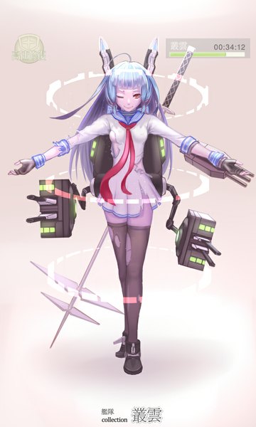 Anime picture 600x1000 with kantai collection murakumo destroyer wei ji single long hair tall image looking at viewer smile red eyes blue hair one eye closed wink torn clothes tress ribbon girl thighhighs hair ornament ribbon (ribbons) weapon black thighhighs