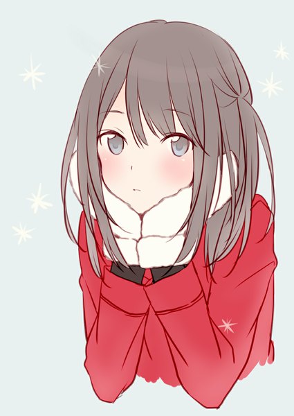 Anime picture 827x1168 with original teti single long hair tall image looking at viewer blush simple background grey hair grey eyes winter blue background hands on face girl coat mittens
