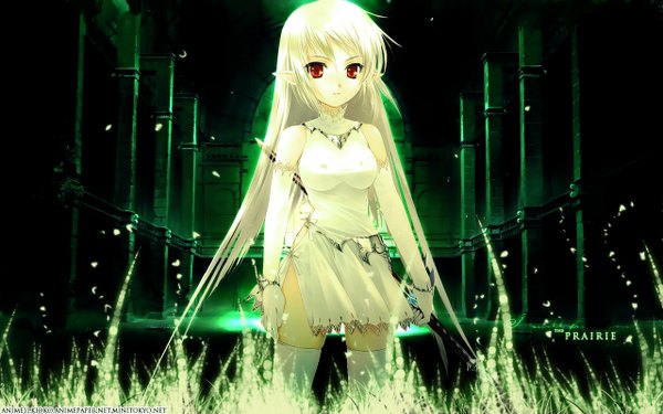 Anime picture 1280x800 with megami magazine girl's avenue toto seiro single long hair looking at viewer blonde hair red eyes wide image pointy ears inscription girl thighhighs dress gloves weapon white thighhighs elbow gloves white dress