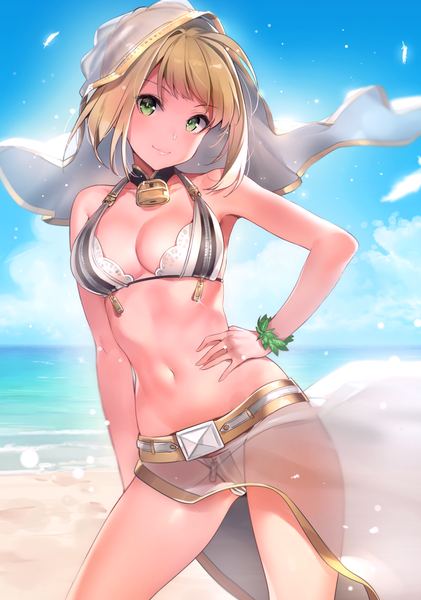 Anime picture 1046x1491 with fate (series) fate/extra fate/extra ccc nero claudius (fate) (all) nero claudius (fate) nero claudius (bride) (fate) yuran (cozyquilt) single tall image looking at viewer fringe short hair breasts light erotic blonde hair green eyes cloud (clouds) ahoge outdoors blunt bangs