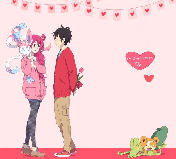 Anime picture 1500x1357 with pokemon nintendo sylveon treecko teddiursa ichan-desu long hair blush short hair open mouth black hair blonde hair red eyes pink hair pink eyes light smile couple valentine gen 2 pokemon gen 3 pokemon