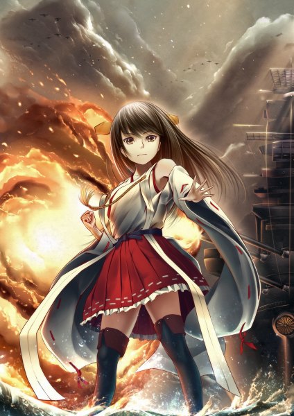 Anime picture 848x1200 with kantai collection haruna battleship oki (koi0koi) single long hair tall image looking at viewer black hair brown eyes traditional clothes girl thighhighs skirt hair ornament weapon black thighhighs fire