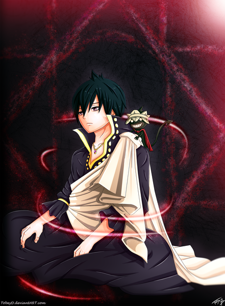 Anime picture 1655x2250 with fairy tail zeref tobeyd tall image short hair black hair brown eyes grin coloring white eyes boy pendant jewelry cloak