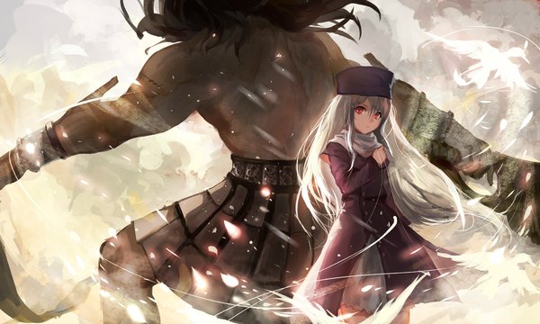 Anime picture 1700x1020 with fate (series) fate/stay night type-moon illyasviel von einzbern berserker sishenfan long hair fringe black hair red eyes wide image standing sky cloud (clouds) white hair from behind muscle girl boy scarf