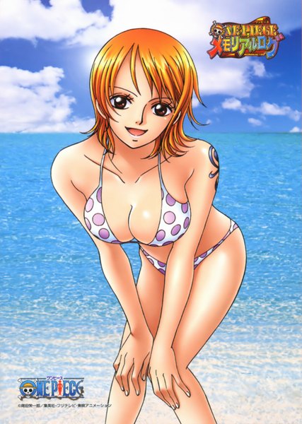 Anime picture 1280x1800 with one piece toei animation nami (one piece) single tall image looking at viewer short hair breasts open mouth light erotic red eyes large breasts sky cloud (clouds) scan orange hair official art tattoo copyright name polka dot