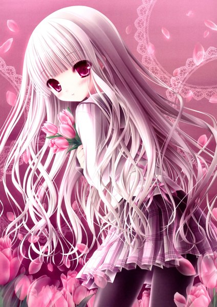 Anime picture 4723x6680 with love kano tinker bell long hair tall image blush highres red eyes absurdres white hair loli girl skirt flower (flowers) miniskirt shirt serafuku tulip