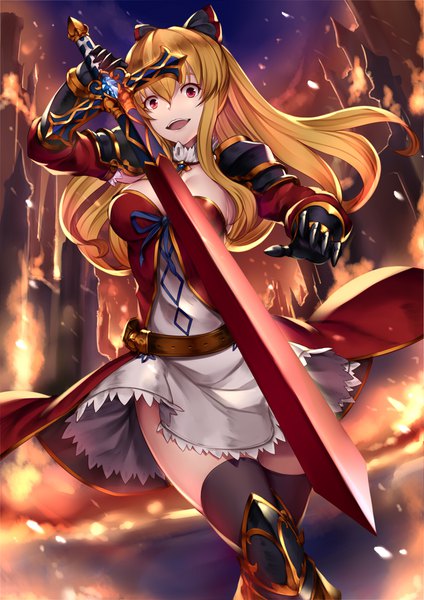 Anime picture 1200x1696 with granblue fantasy vira lilie pak ce single long hair tall image looking at viewer fringe breasts open mouth blonde hair smile hair between eyes red eyes holding :d from below zettai ryouiki brown background crazy