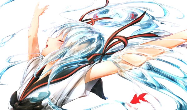 Anime picture 1700x1000 with vocaloid hatsune miku bottle miku minamito long hair blush open mouth simple background wide image white background blue hair eyes closed liquid hair girl ribbon (ribbons) hair ribbon serafuku fish (fishes)