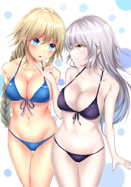 Anime picture 2164x3076 with fate (series) fate/grand order fate/apocrypha jeanne d'arc (fate) (all) jeanne d'arc alter (fate) jeanne d'arc (fate) suiroh (shideoukami) long hair tall image blush highres breasts open mouth blue eyes light erotic blonde hair large breasts multiple girls yellow eyes looking away