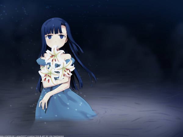 Anime picture 1600x1200 with kannagi zange single long hair looking at viewer fringe blue eyes standing bare shoulders holding blue hair blunt bangs off shoulder night night sky smoke covered mouth empty eyes girl dress