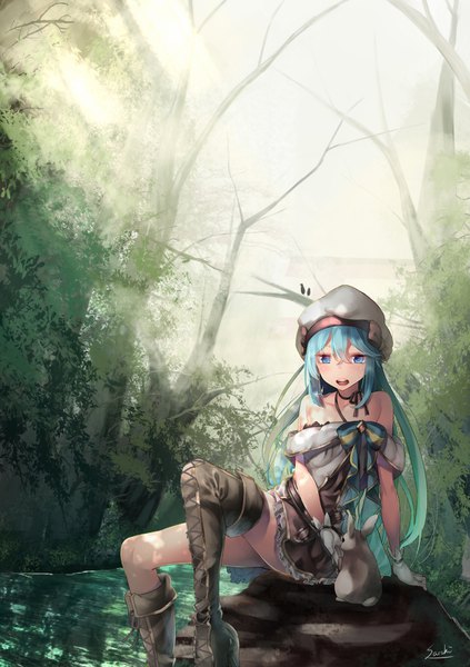 Anime picture 1200x1700 with original lee-chan (saraki) saraki single long hair tall image blush fringe open mouth blue eyes light erotic hair between eyes sitting bare shoulders signed blue hair looking away symbol-shaped pupils bare tree girl