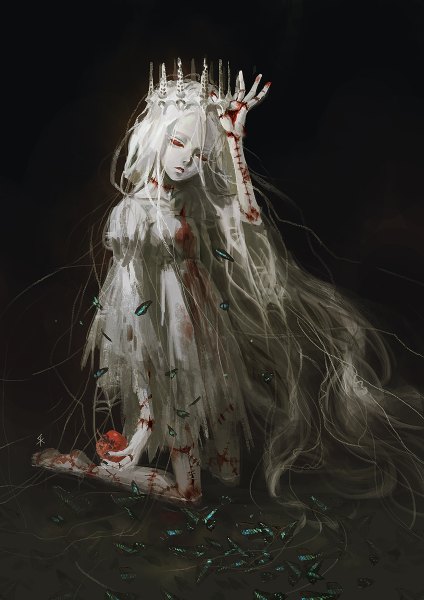 Anime picture 848x1200 with original seeker single tall image red eyes holding white hair very long hair arm up kneeling dark background white skin bleeding girl dress food white dress insect butterfly blood