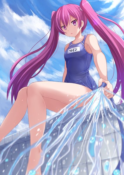 Anime picture 945x1337 with akame ga kill! white fox mine (akame ga kill!) kazenokaze single long hair tall image looking at viewer light erotic sitting purple eyes twintails sky purple hair cloud (clouds) girl swimsuit water one-piece swimsuit school swimsuit