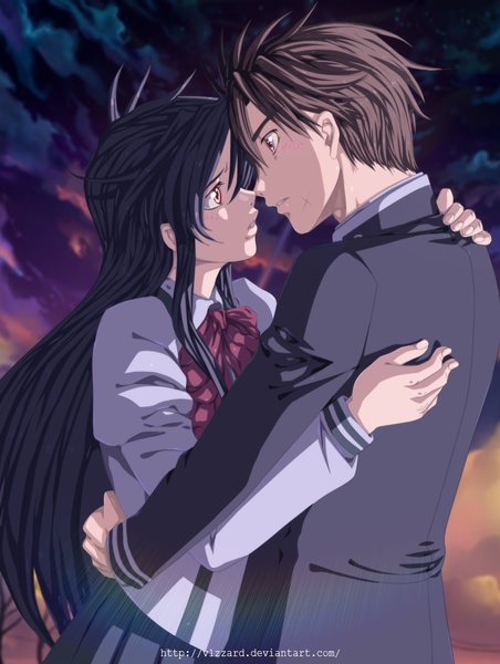 Anime picture 847x1124 with full metal panic! gonzo chidori kaname sagara sousuke blazing-wizard long hair tall image blush short hair black hair brown hair brown eyes sky cloud (clouds) profile couple hug coloring face to face almost kiss