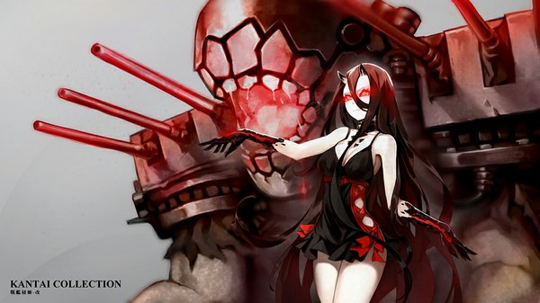 Anime picture 1000x562 with kantai collection battleship-symbiotic hime zomoto (graytone) long hair breasts open mouth black hair simple background hair between eyes red eyes wide image bare shoulders looking away red hair multicolored hair horn (horns) grey background teeth bare legs copyright name