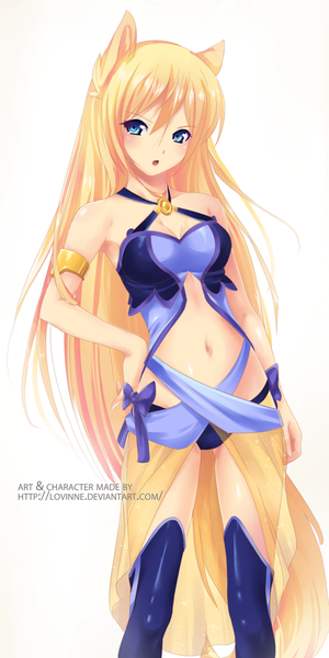 Anime picture 600x1200 with original fukune lovinne single long hair tall image blush blue eyes light erotic simple background blonde hair white background animal ears parted lips armpit (armpits) hand on hip girl thighhighs navel bow