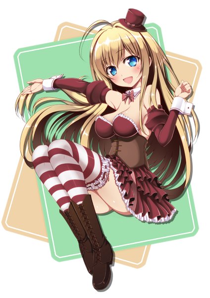 Anime picture 991x1402 with noucome chocolat (noucome) ribucci single long hair tall image looking at viewer blush open mouth blue eyes light erotic blonde hair bare shoulders girl thighhighs hat detached sleeves thigh boots striped thighhighs