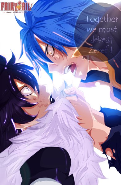 Anime picture 1000x1529 with fairy tail jellal fernandes midnight (fairy tail) edo-reem tall image short hair open mouth black hair simple background white background yellow eyes blue hair black eyes inscription multiple boys lipstick coloring torn clothes face to face eye contact