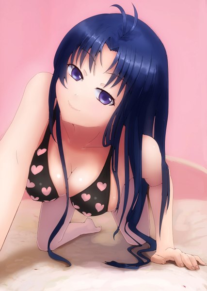 Anime picture 2185x3070 with denpa onna to seishun otoko shaft (studio) touwa meme yukiyo (otca202) long hair tall image highres light erotic smile purple eyes blue hair ahoge on all fours heart print girl swimsuit bikini heart black bikini