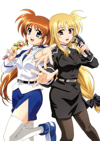 Anime picture 3000x4248 with mahou shoujo lyrical nanoha mahou shoujo lyrical nanoha strikers fate testarossa takamachi nanoha long hair tall image looking at viewer highres open mouth blue eyes simple background blonde hair red eyes white background multiple girls ponytail scan orange hair official art girl
