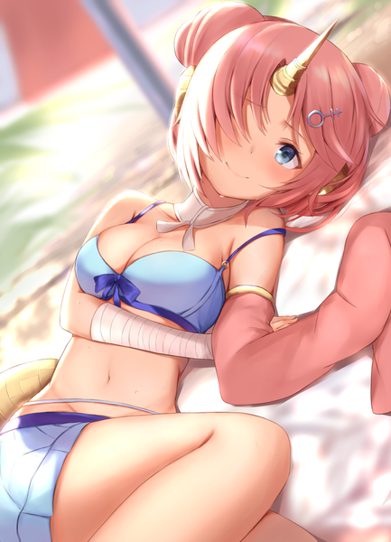 Anime picture 1040x1440 with fate (series) fate/apocrypha frankenstein's monster (fate) frankenstein's monster (swimsuit saber) (fate) maosame single tall image looking at viewer blush fringe short hair blue eyes light erotic smile pink hair bent knee (knees) horn (horns) hair over one eye hair bun (hair buns) strap slip