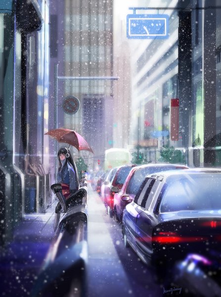 Anime picture 1049x1407 with original kzcjimmy single long hair tall image looking at viewer black hair sitting brown eyes pleated skirt black eyes city snowing winter lacing street girl plant (plants) tree (trees) jacket