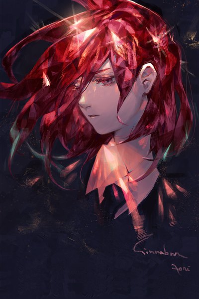 Anime picture 606x909 with houseki no kuni cinnabar (houseki no kuni) dalahast single long hair tall image red eyes looking away red hair character names portrait androgynous necktie