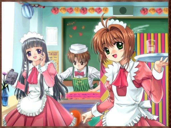 Anime picture 1600x1200 with card captor sakura clamp kinomoto sakura daidouji tomoyo li xiaolang mutsuki (moonknives) waitress