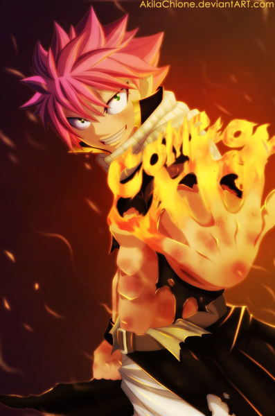 Anime picture 890x1344 with fairy tail natsu dragneel akilachione single tall image short hair smile green eyes pink hair sleeveless grin coloring torn clothes magic boy belt scarf fire fist