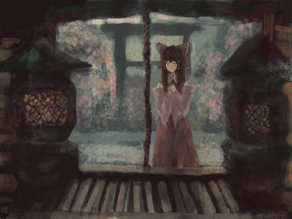Anime picture 1024x768 with touhou hakurei reimu akn brown hair eyes closed girl torii shrine hakurei shrine