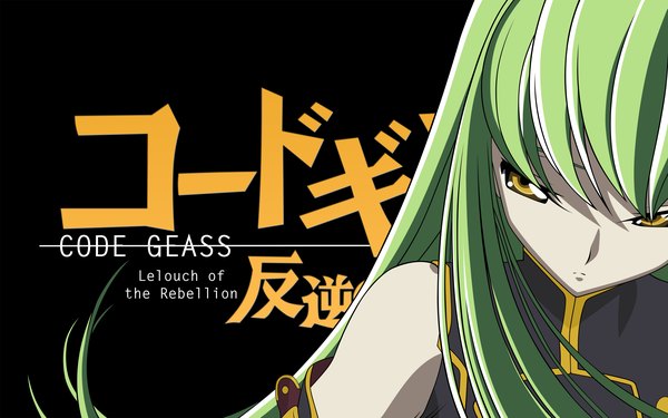 Anime picture 2560x1600 with code geass sunrise (studio) c.c. single long hair fringe highres wide image yellow eyes green hair inscription black background yellow background girl uniform