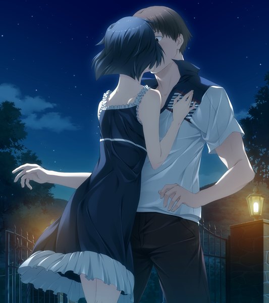 Anime picture 1024x1152 with suigetsu 2 tall image short hair black hair brown hair game cg night couple kiss girl dress boy