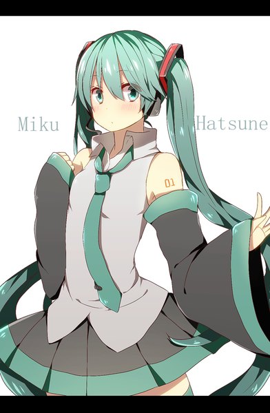 Anime picture 674x1032 with vocaloid hatsune miku harusawa single tall image blush fringe simple background hair between eyes white background twintails bare shoulders looking away very long hair aqua eyes aqua hair character names letterboxed girl detached sleeves