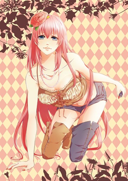Anime picture 1000x1414 with vocaloid megurine luka supergirl625 single long hair tall image looking at viewer blue eyes pink hair hair flower girl hair ornament shorts thigh boots beads