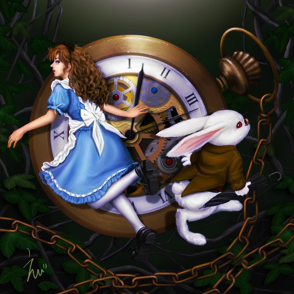 Anime picture 1200x1200 with alice in wonderland alice (wonderland) white rabbit ebi (eeotoko) long hair blue eyes red eyes brown hair realistic curly hair girl umbrella chain apron clock bunny pocket watch