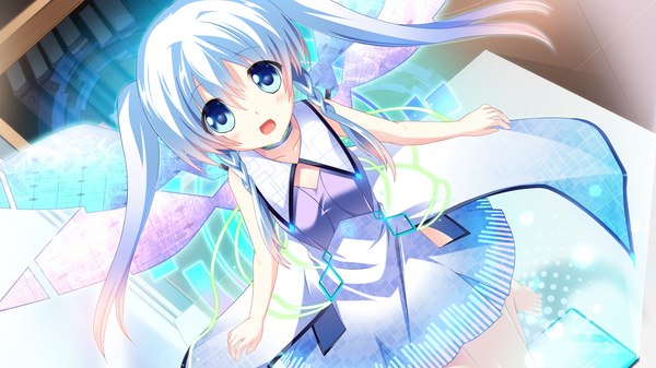 イラスト 2560x1440 と cocoro@function! beru (cocoro@function) ひなたもも ソロ 長髪 カメラ目線 赤面 highres 開いた口 青い目 wide image ツインテール game cg white hair 女の子 ドレス 翼