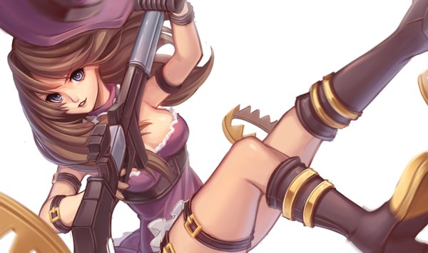 Anime picture 1500x885 with league of legends caitlyn (league of legends) kaka cheung single long hair looking at viewer simple background brown hair wide image white background purple eyes girl weapon boots gun top hat